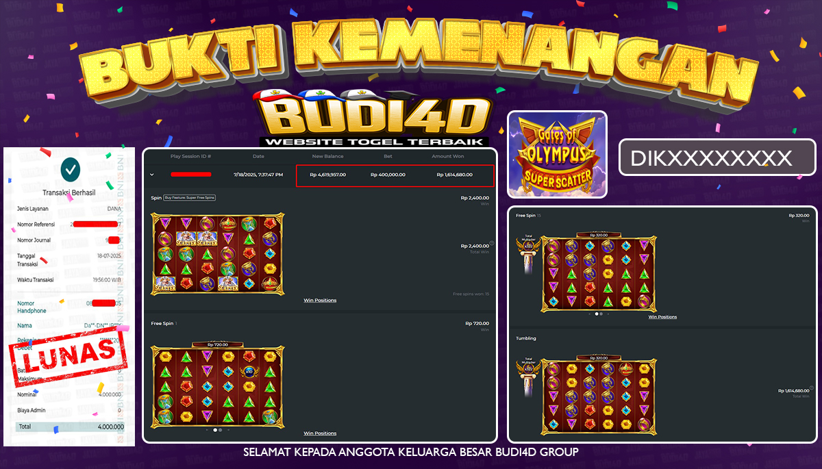 BUDI4D JACKPOT SLOT PRAGMATIC GATES OF OLYMPUS SUPER SCATTER Rp.4.000.000,- LUNAS